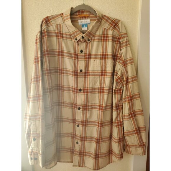 Columbia Shirt Men's Size XXL 2X Button Up Long Sleeve Beige rust Color Cotton - Picture 2 of 10
